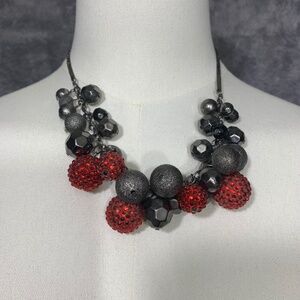 Chunky Statement Necklace Red Rhinestone Black Silver Beaded Cluster Fashion Jew